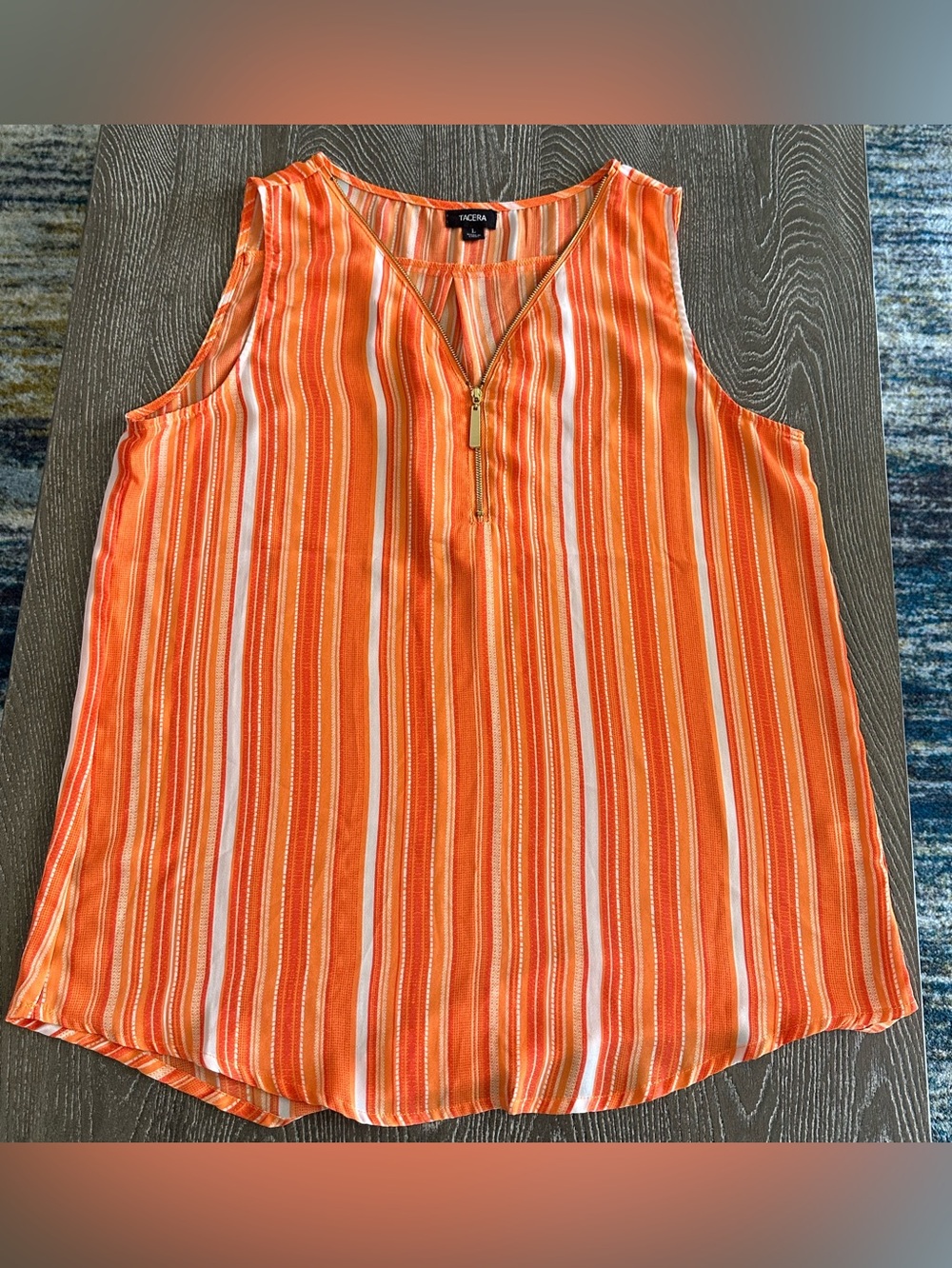 Tacera Orange & White Striped V-Neck Sleeveless Top with gold Zipper Large